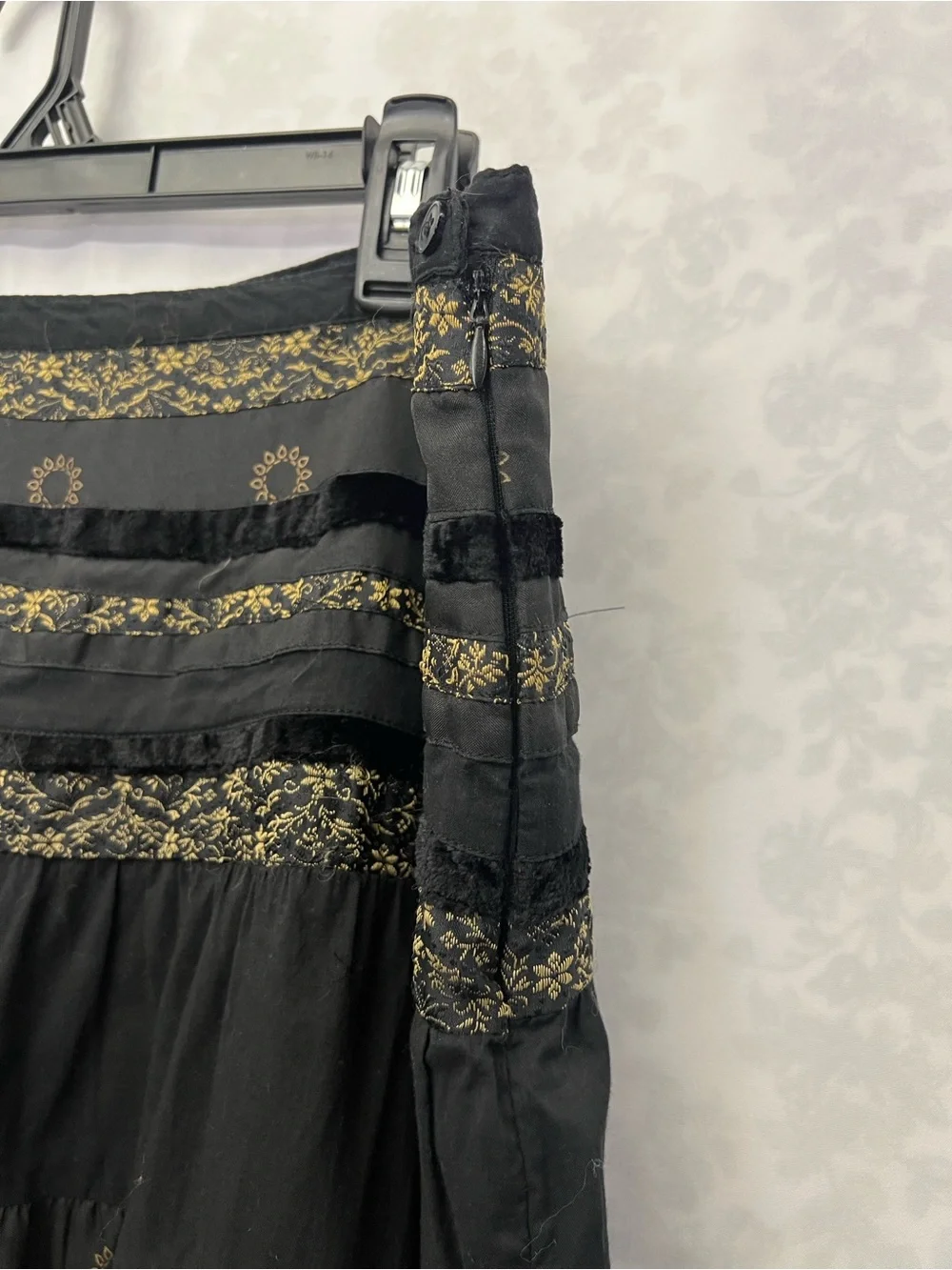 Black Tiered Maxi Skirt with Gold Lace Trim